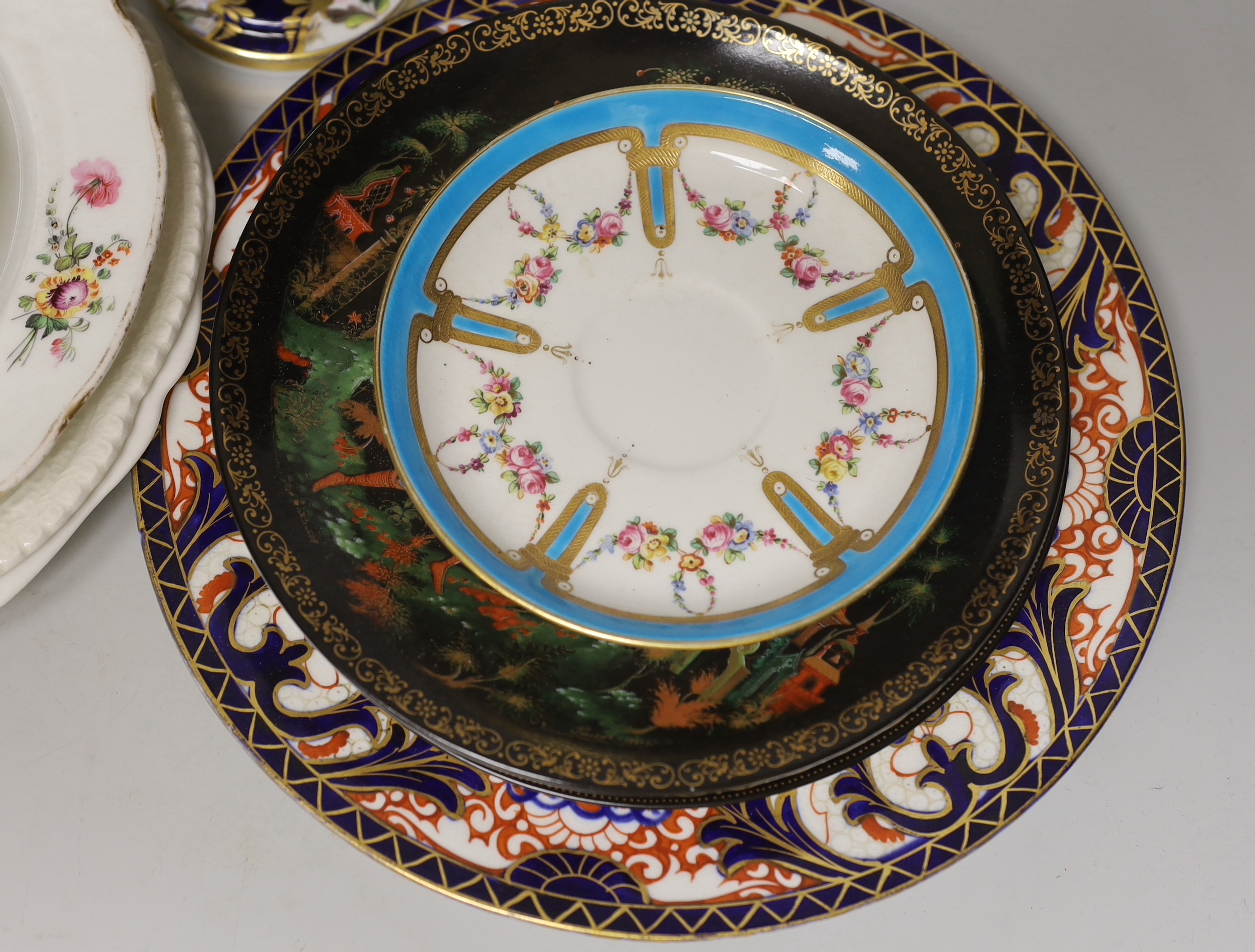 19th century and later Continental china including a Dresden cup and saucer and chocolate cup, a Crown Derby plate etc, tallest 17cm high